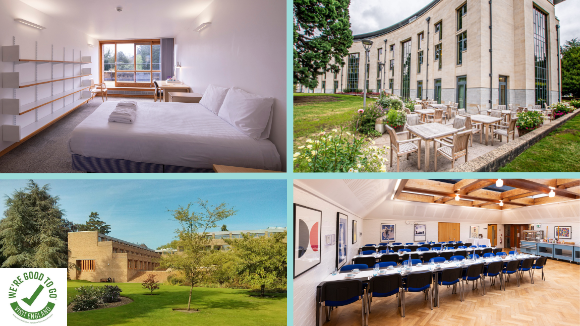 Photo collage of B&B accommodation - Bedroom, external view of Harvey Court, We're Good To Go logo and Stephen Hawking Building patio